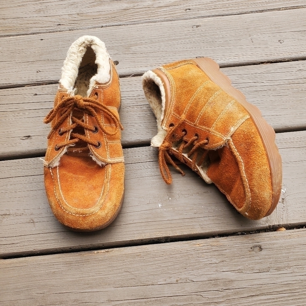 Vintage 70s Rust Burnt Orange Suede Leather Faux Fur Lined Ankle Boots Sneakers